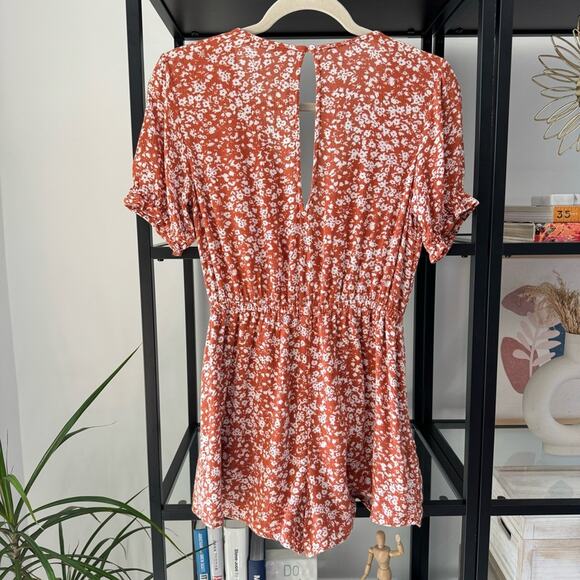 Abercrombie & Fitch Orange White Floral Short Sleeve Bow Front Romper XS Petite - Picture 3 of 8